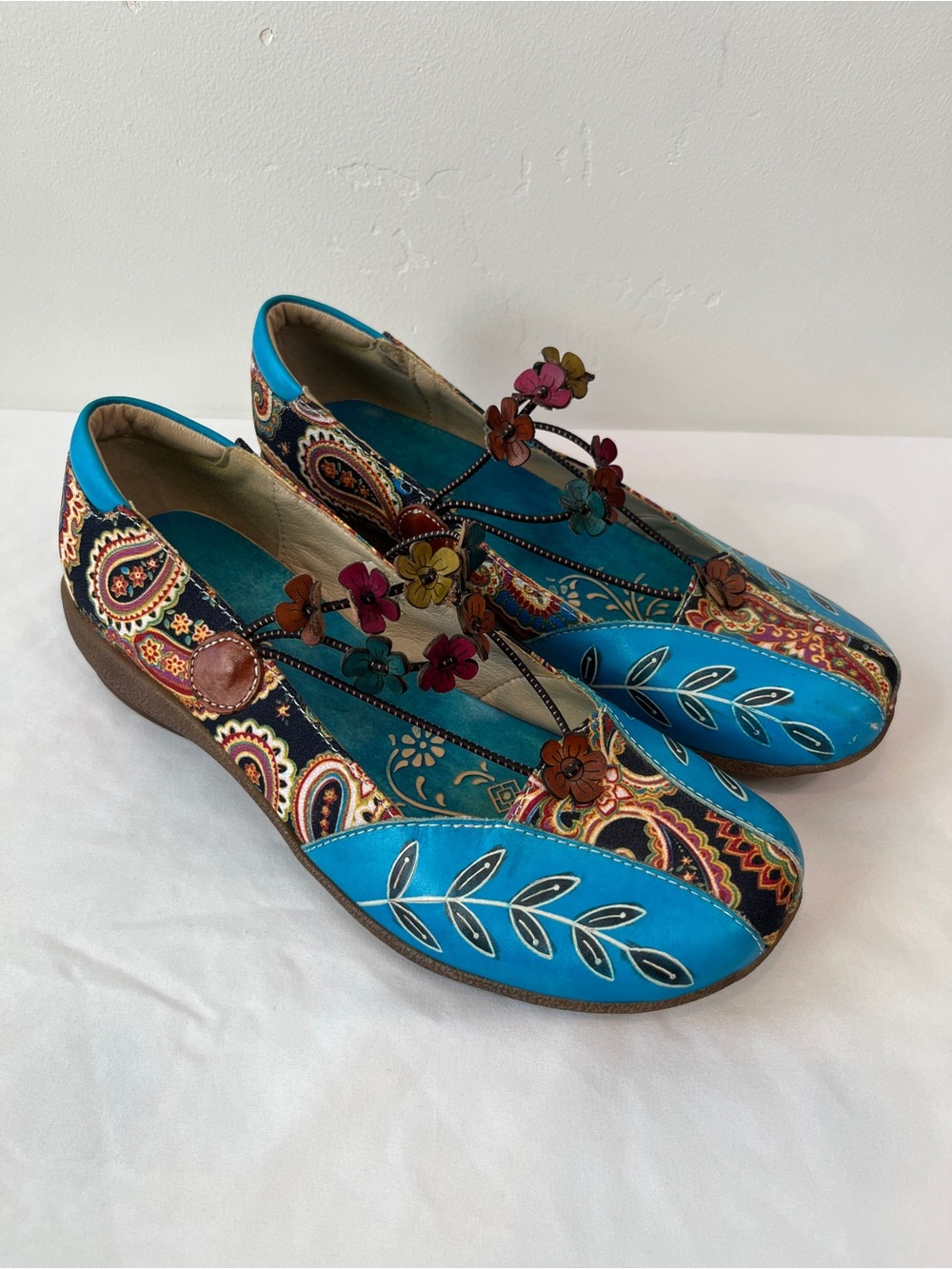 Socofy Blue Leather Floral Paisley Mary Jane Flats Boho Art Shoes Womens EU 42